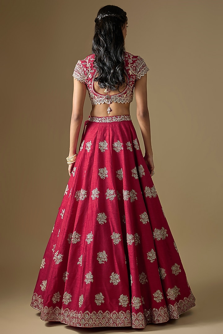 Red Raw Silk Zardosi Embroidered Bridal Lehenga Set by Jayanti Reddy at Pernia's Pop Up Shop