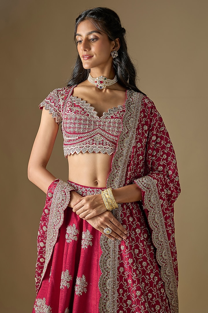 Red Raw Silk Zardosi Embroidered Bridal Lehenga Set by Jayanti Reddy at Pernia's Pop Up Shop