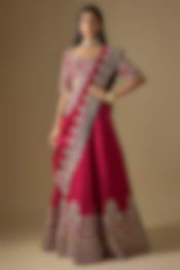 Red Raw Silk Zardosi Embroidered Bridal Lehenga Set by Jayanti Reddy at Pernia's Pop Up Shop