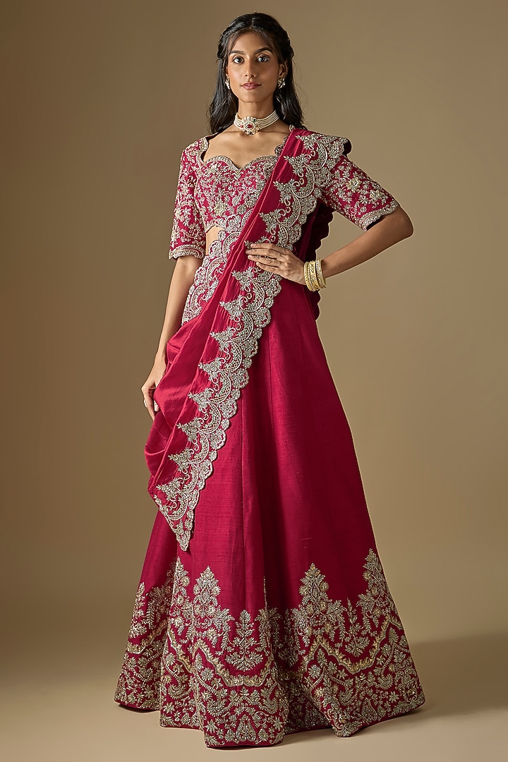 Red Raw Silk Zardosi Embroidered Bridal Lehenga Set by Jayanti Reddy at Pernia's Pop Up Shop