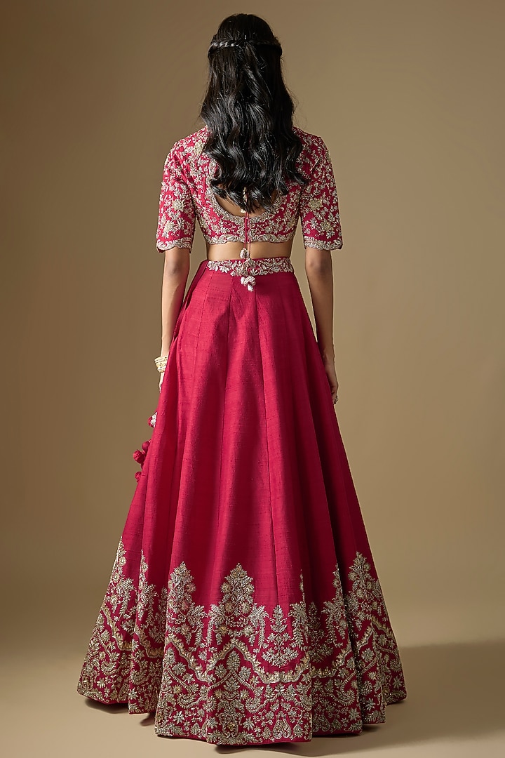 Red Raw Silk Zardosi Embroidered Bridal Lehenga Set by Jayanti Reddy at Pernia's Pop Up Shop