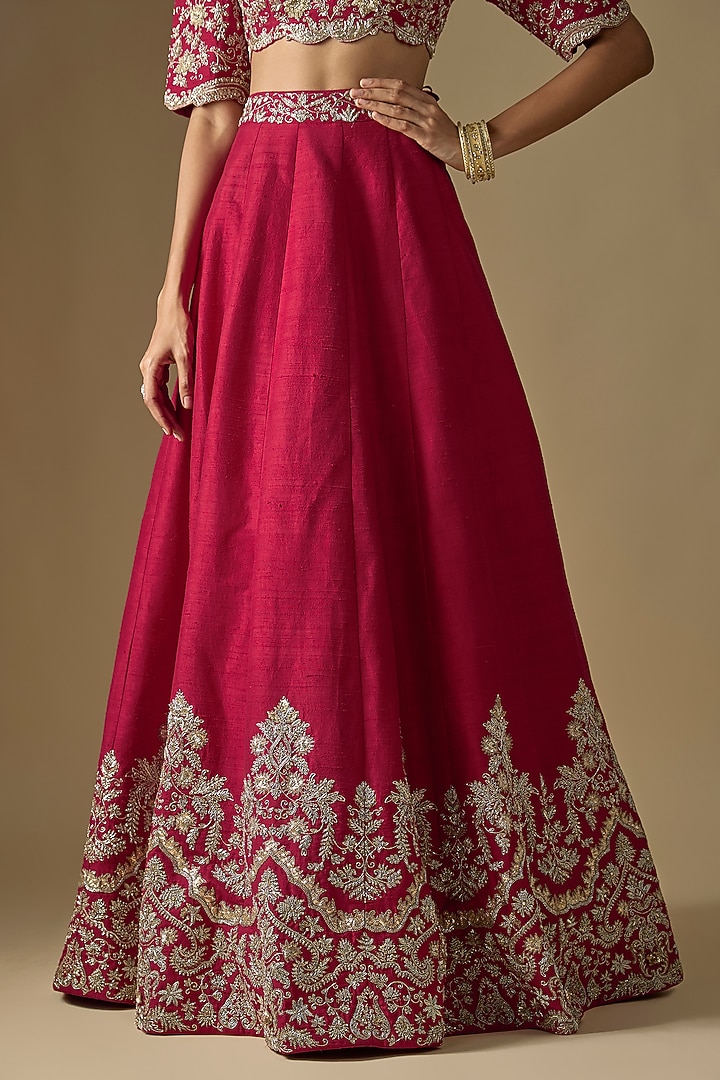 Red Raw Silk Zardosi Embroidered Bridal Lehenga Set by Jayanti Reddy at Pernia's Pop Up Shop