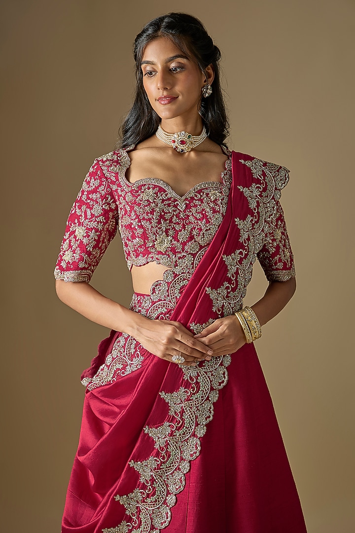 Red Raw Silk Zardosi Embroidered Bridal Lehenga Set by Jayanti Reddy at Pernia's Pop Up Shop