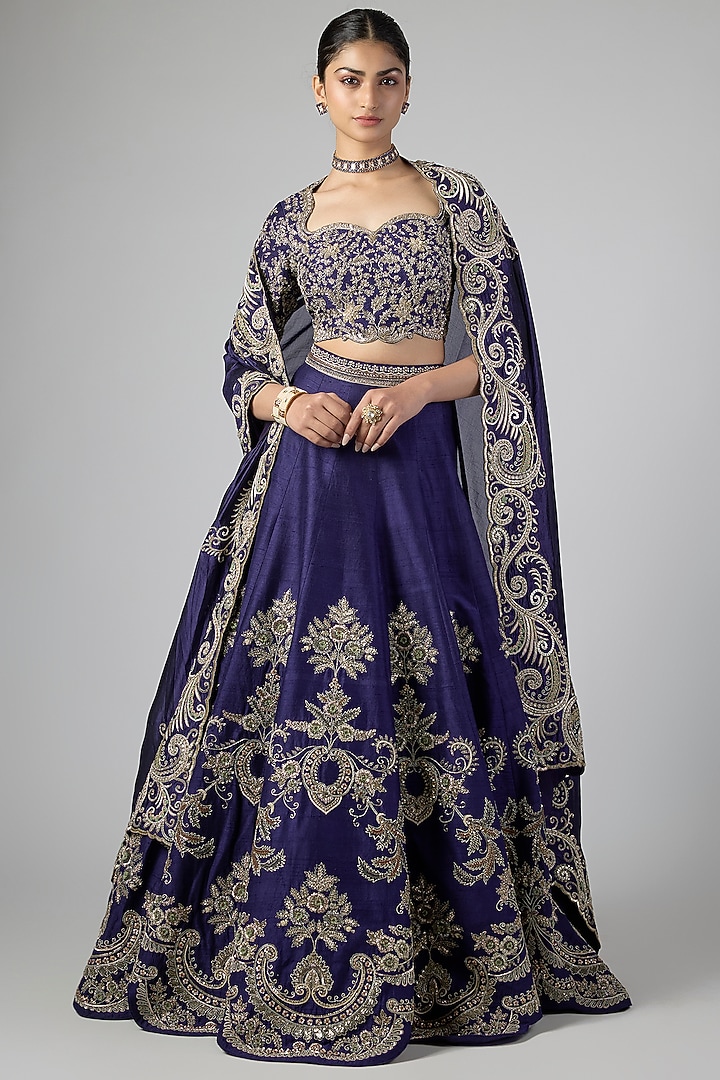 Purple Raw Silk Zardosi Embroidered Bridal Lehenga Set by Jayanti Reddy at Pernia's Pop Up Shop