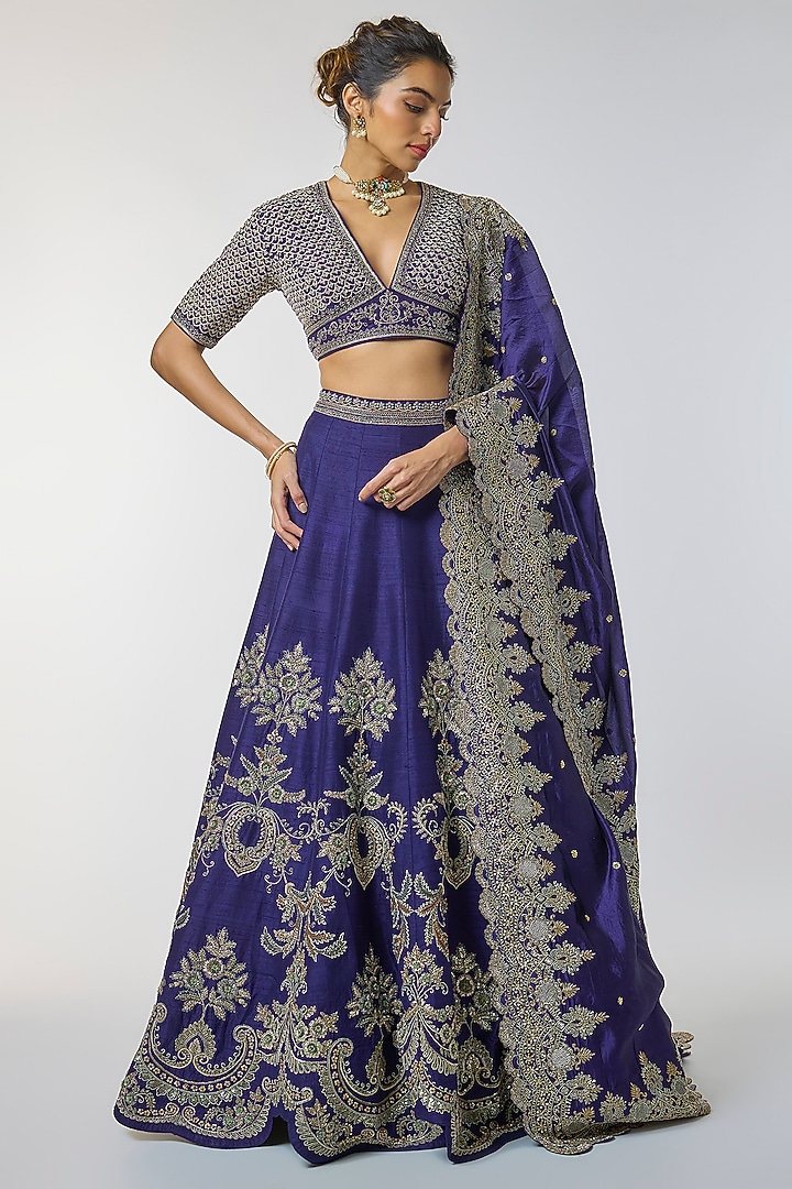 Purple Raw Silk Zardosi Embroidered Bridal Lehenga Set by Jayanti Reddy at Pernia's Pop Up Shop