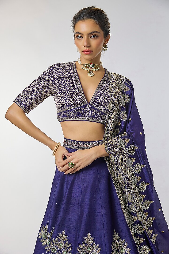 Purple Raw Silk Zardosi Embroidered Bridal Lehenga Set by Jayanti Reddy at Pernia's Pop Up Shop