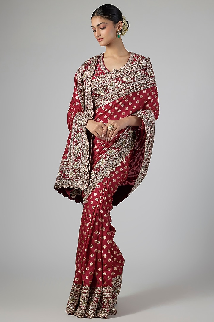 Red Silk Zardosi Embroidered Bridal Saree Set by Jayanti Reddy at Pernia's Pop Up Shop