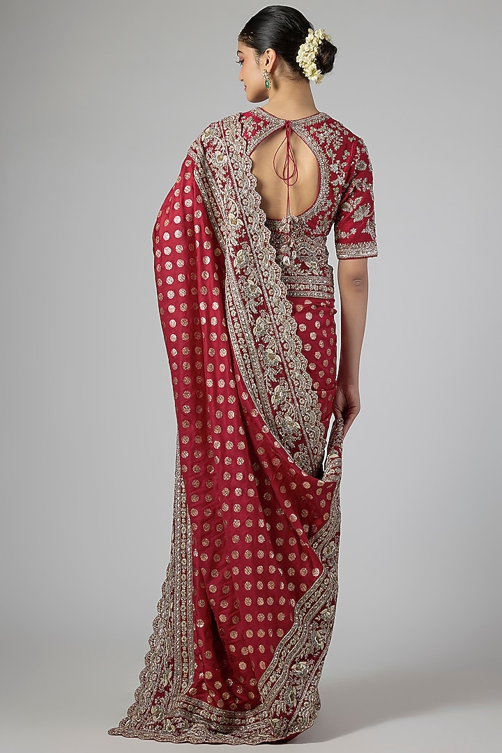 Red Silk Zardosi Embroidered Bridal Saree Set by Jayanti Reddy at Pernia's Pop Up Shop