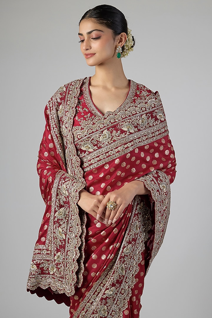 Red Silk Zardosi Embroidered Bridal Saree Set by Jayanti Reddy at Pernia's Pop Up Shop