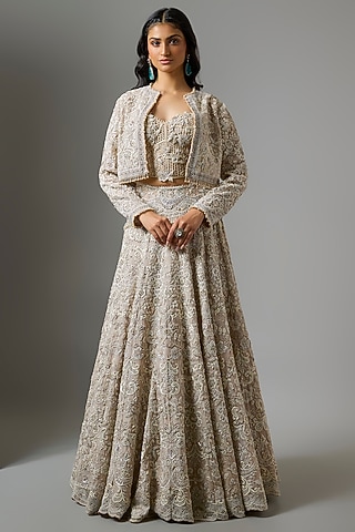 Beige Organza Sequins Embroidered Jacket Lehenga Set by Jayanti Reddy
