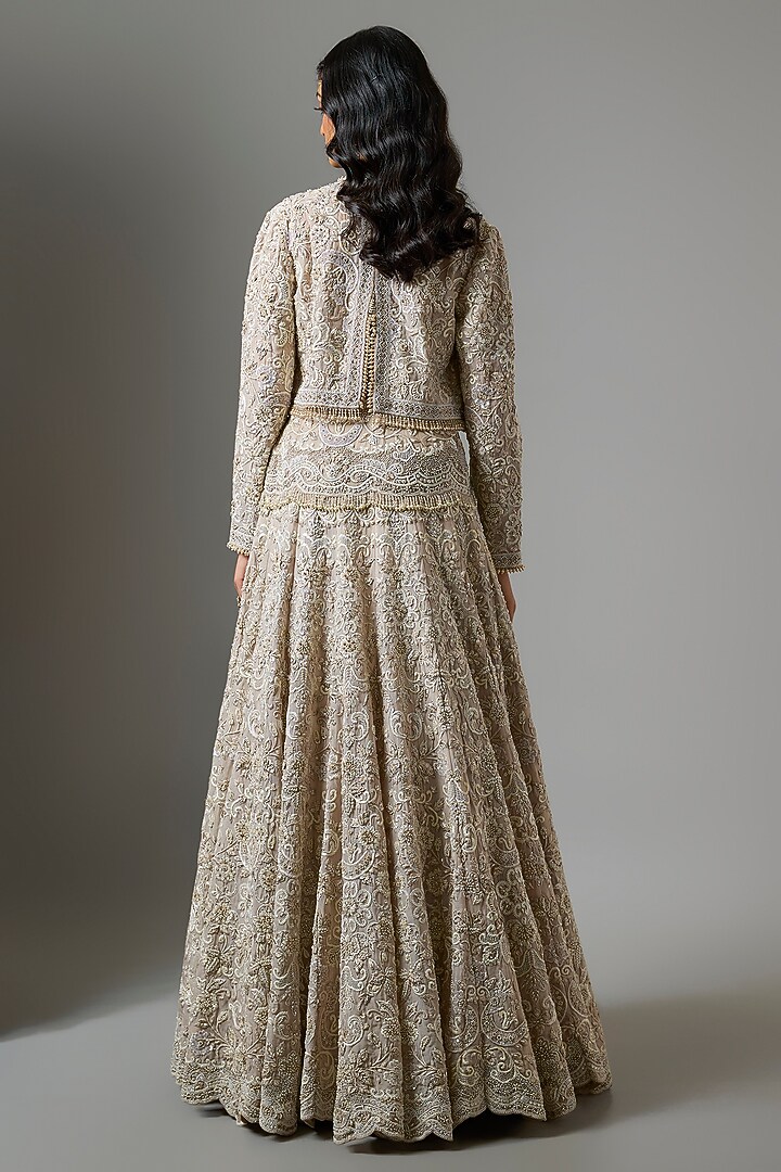 Beige Organza Sequins Embroidered Jacket Bridal Lehenga Set by Jayanti Reddy at Pernia's Pop Up Shop