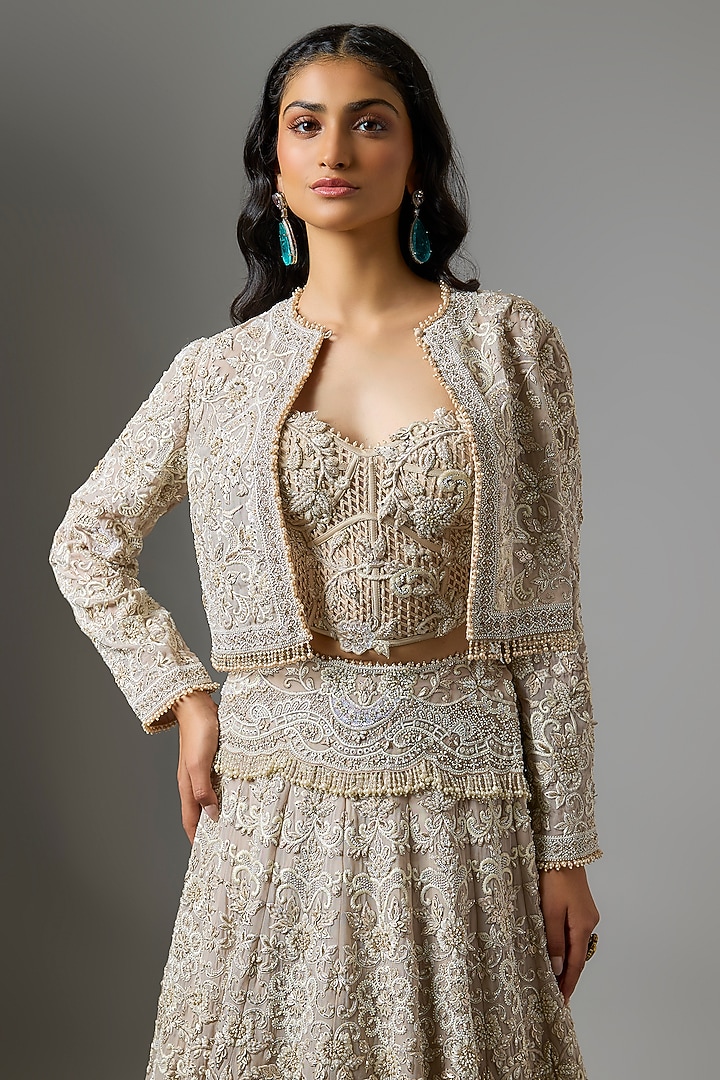 Beige Organza Sequins Embroidered Jacket Bridal Lehenga Set by Jayanti Reddy at Pernia's Pop Up Shop
