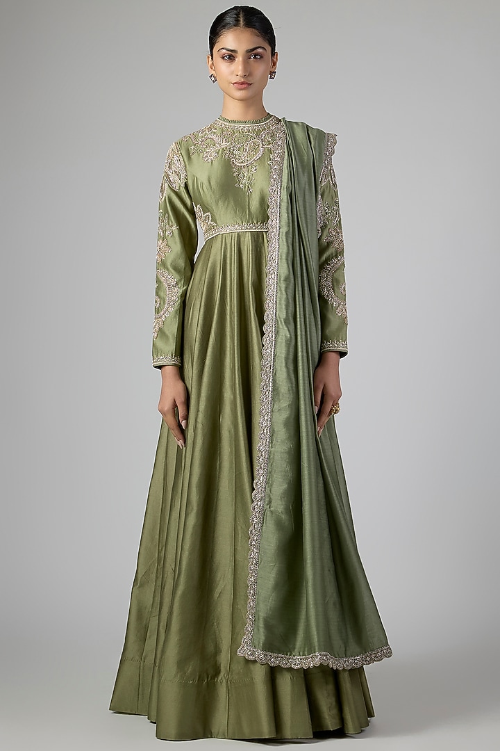 Mint Green Silk Zardosi Embroidered Bridal Anarkali Set by Jayanti Reddy at Pernia's Pop Up Shop