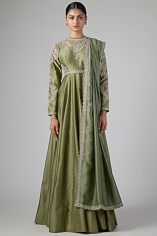 Mint Green Silk Zardosi Embroidered Anarkali Set by Jayanti Reddy