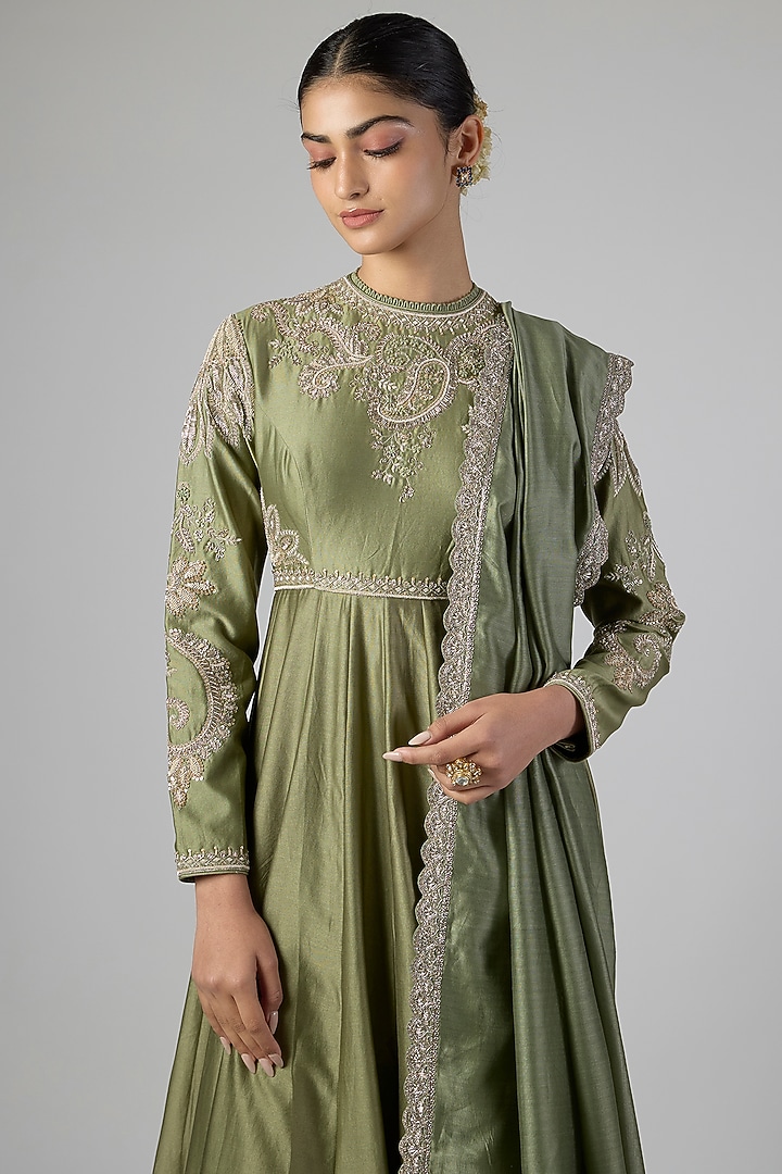 Mint Green Silk Zardosi Embroidered Bridal Anarkali Set by Jayanti Reddy at Pernia's Pop Up Shop