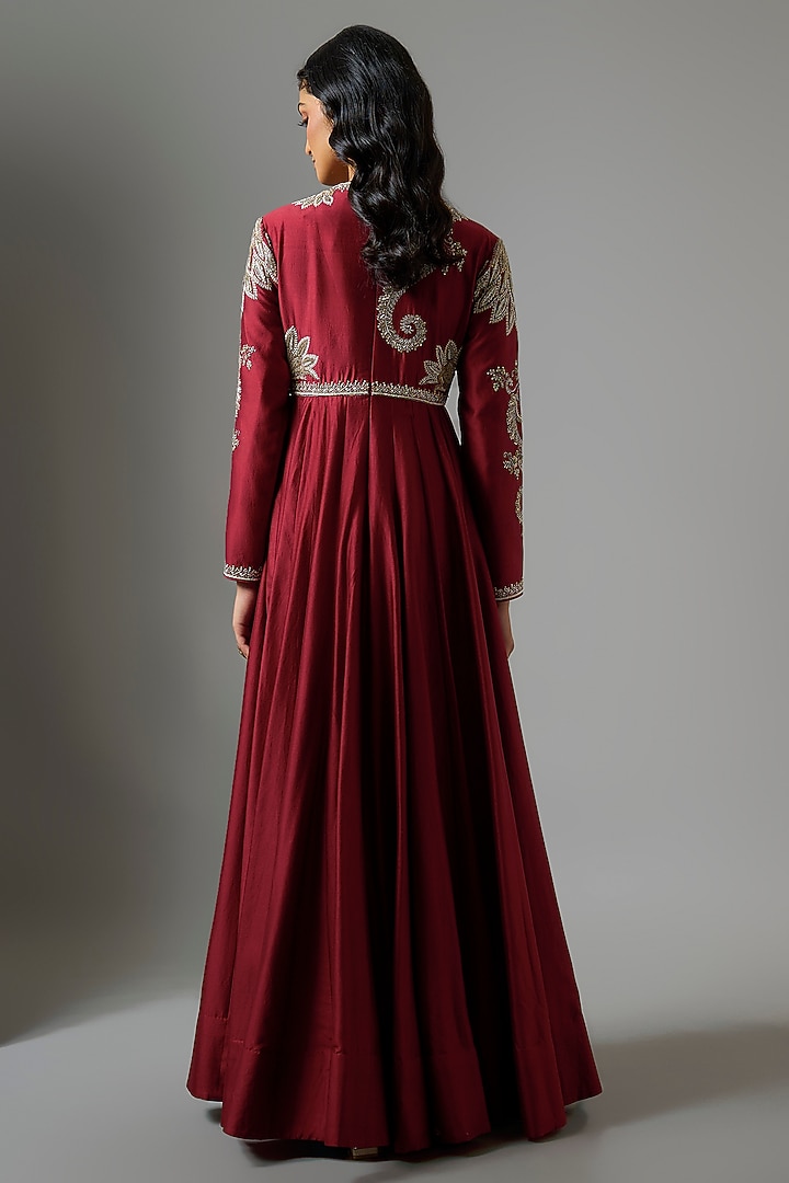 Red Silk Embroidered Bridal Anarkali Set by Jayanti Reddy at Pernia's Pop Up Shop