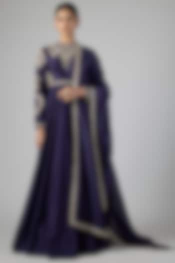 Purple Silk Zardosi Embroidered Bridal Anarkali Set by Jayanti Reddy at Pernia's Pop Up Shop