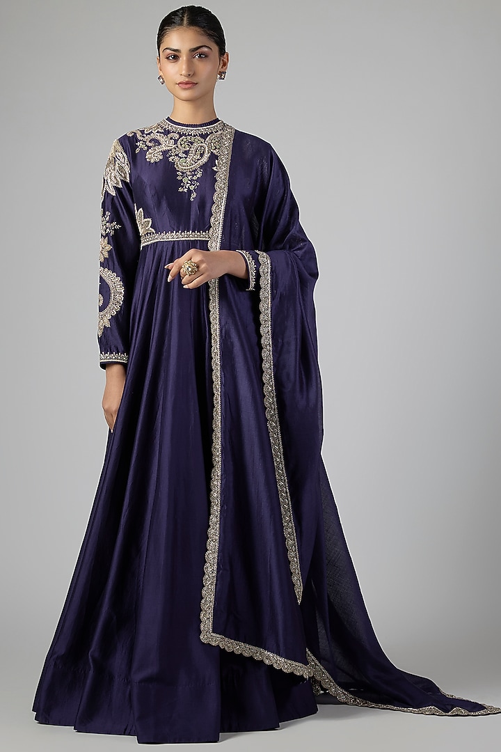 Purple Silk Zardosi Embroidered Bridal Anarkali Set by Jayanti Reddy at Pernia's Pop Up Shop