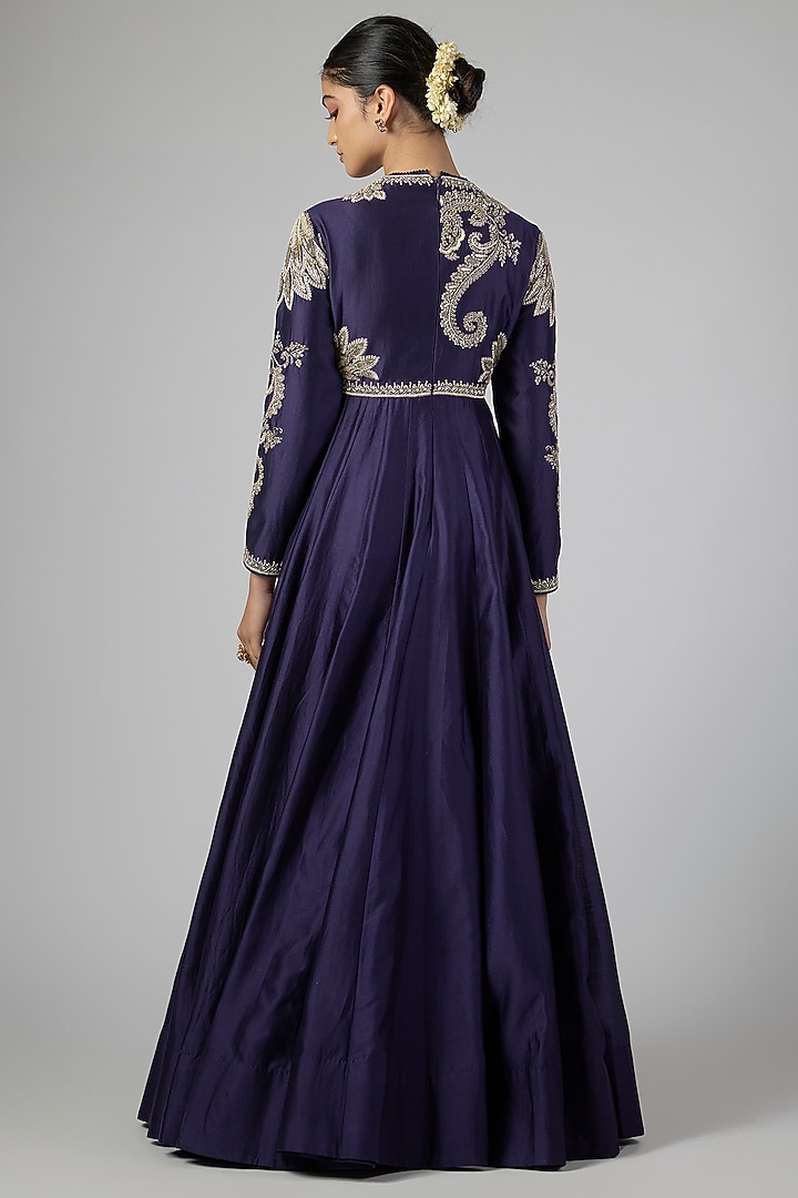 Purple Silk Zardosi Embroidered Bridal Anarkali Set by Jayanti Reddy at Pernia's Pop Up Shop