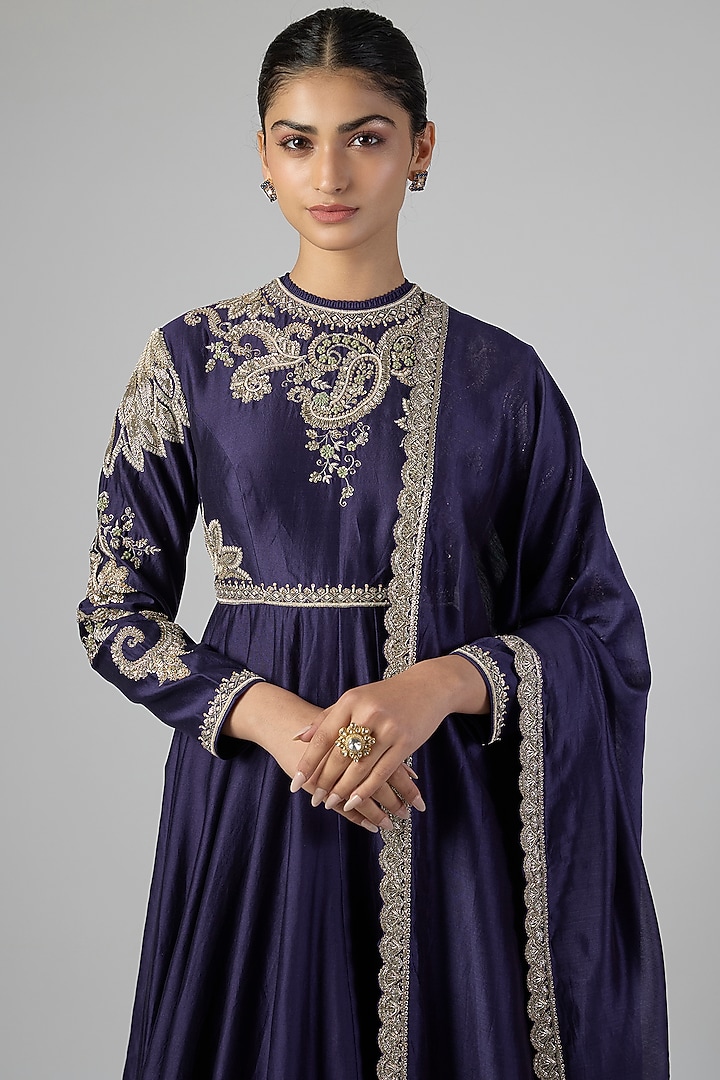 Purple Silk Zardosi Embroidered Bridal Anarkali Set by Jayanti Reddy at Pernia's Pop Up Shop