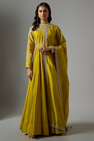 Mustard Silk Embroidered Anarkali Set by Jayanti Reddy