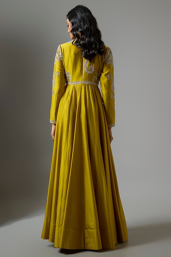 Mustard Silk Embroidered Bridal Anarkali Set by Jayanti Reddy at Pernia's Pop Up Shop