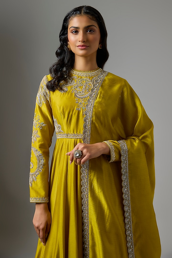 Mustard Silk Embroidered Bridal Anarkali Set by Jayanti Reddy at Pernia's Pop Up Shop