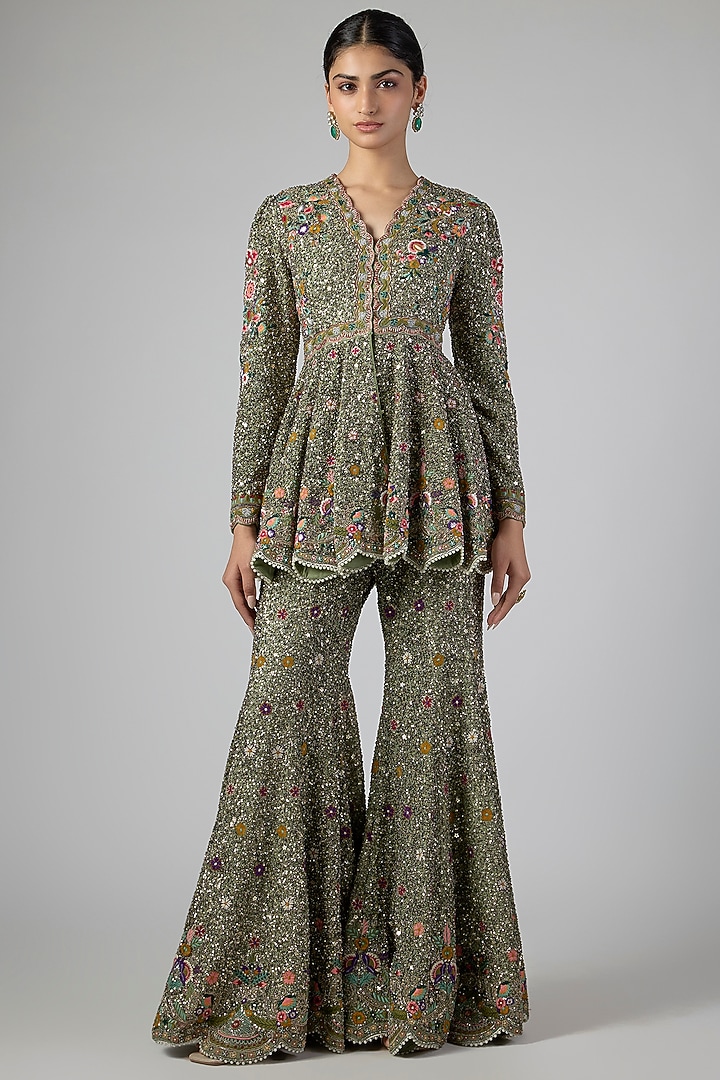 Mint Georgette Sequins Embroidered Bridal Sharara Set by Jayanti Reddy at Pernia's Pop Up Shop