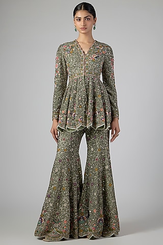 Mint Georgette Sequins Embroidered Sharara Set by Jayanti Reddy