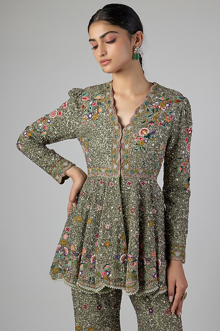 Mint Georgette Sequins Embroidered Bridal Sharara Set by Jayanti Reddy at Pernia's Pop Up Shop
