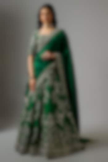 Emerald Green Raw Silk Zardosi Embroidered Bridal Lehenga Set by Jayanti Reddy at Pernia's Pop Up Shop