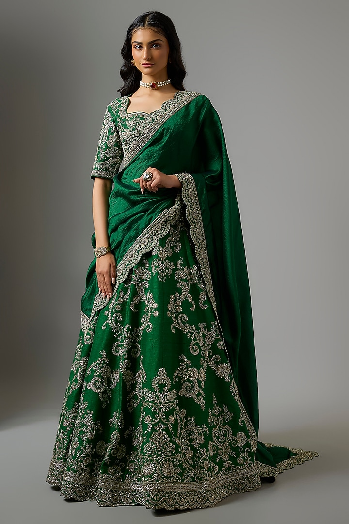 Emerald Green Raw Silk Zardosi Embroidered Bridal Lehenga Set by Jayanti Reddy at Pernia's Pop Up Shop