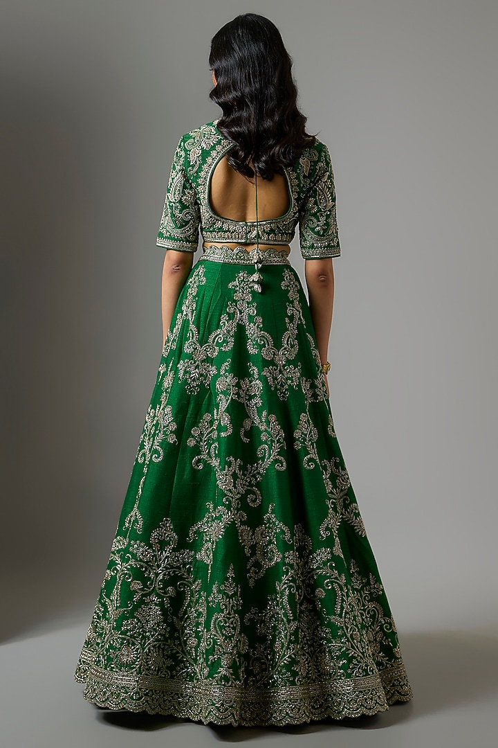 Emerald Green Raw Silk Zardosi Embroidered Bridal Lehenga Set by Jayanti Reddy at Pernia's Pop Up Shop