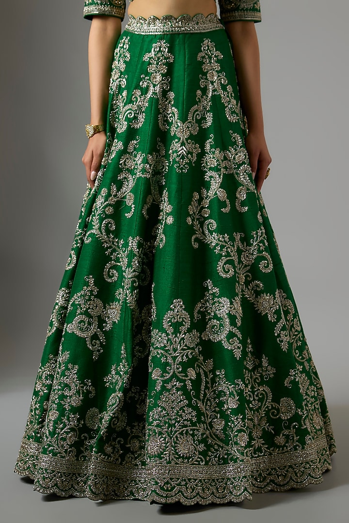 Emerald Green Raw Silk Zardosi Embroidered Bridal Lehenga Set by Jayanti Reddy at Pernia's Pop Up Shop