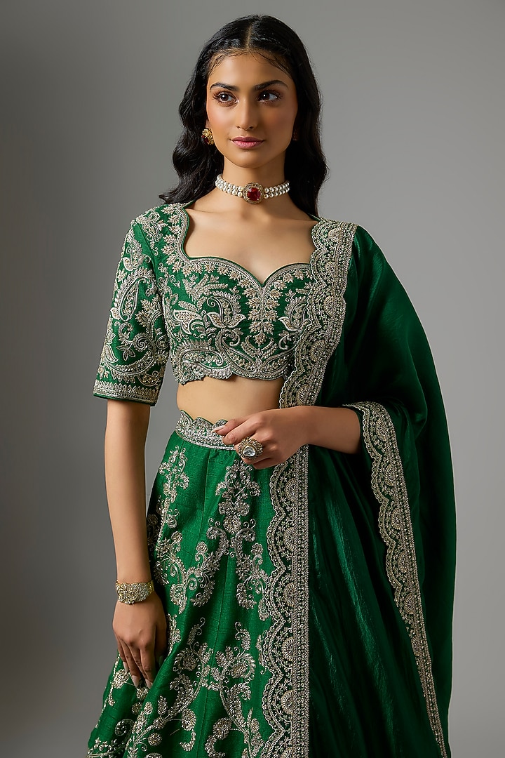 Emerald Green Raw Silk Zardosi Embroidered Bridal Lehenga Set by Jayanti Reddy at Pernia's Pop Up Shop