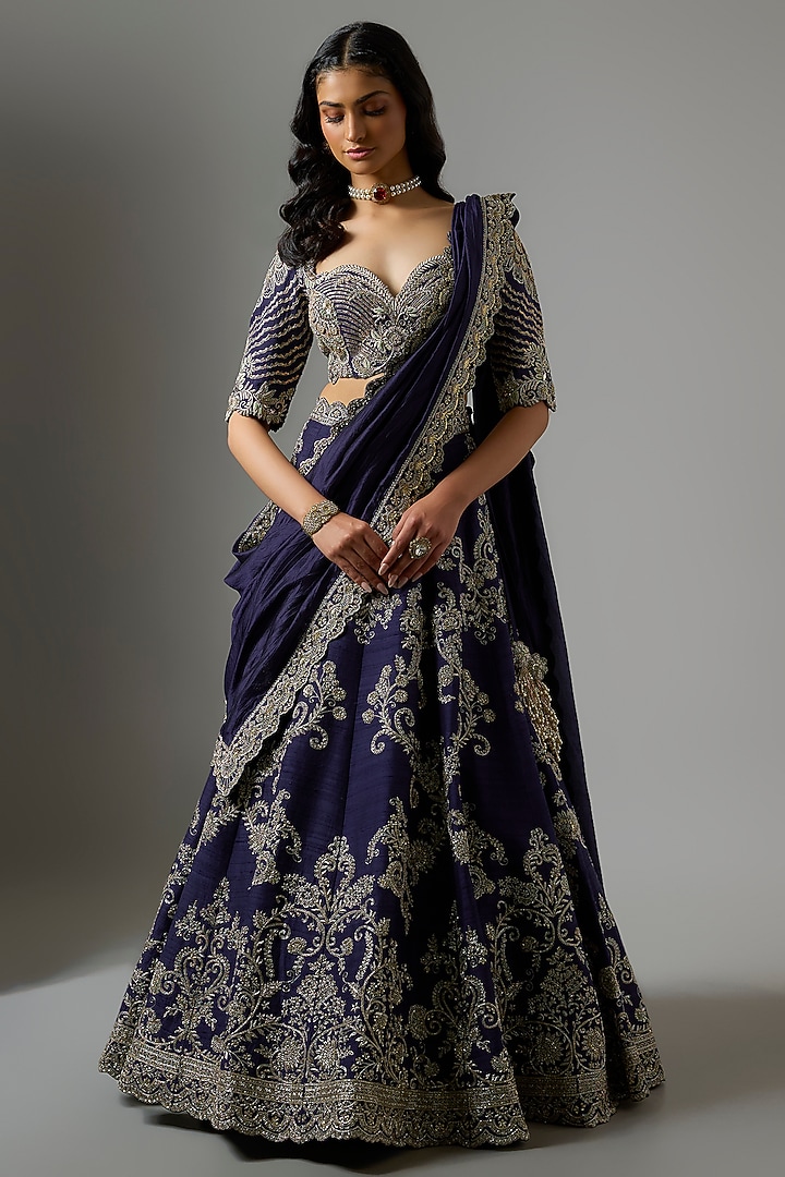 Purple Raw Silk Zardosi Embroidered Bridal Lehenga Set by Jayanti Reddy at Pernia's Pop Up Shop