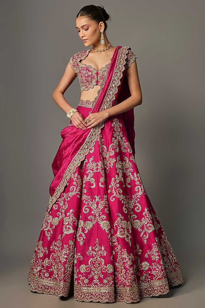 Rani Pink Raw Silk Zardosi Embroidered Bridal Lehenga Set by Jayanti Reddy at Pernia's Pop Up Shop