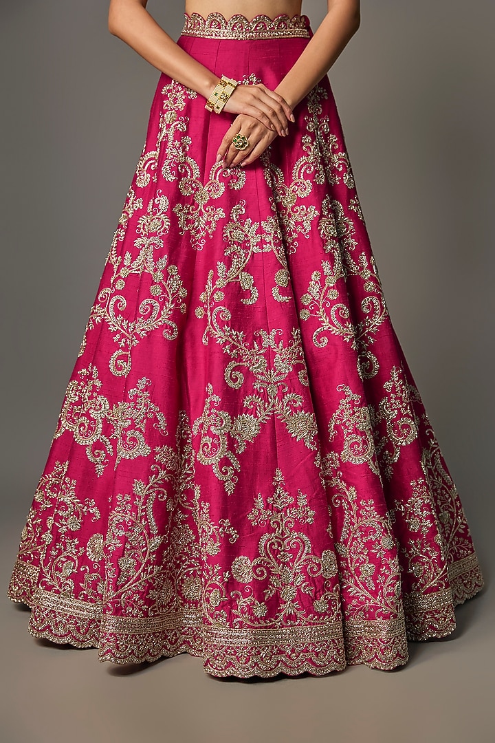 Rani Pink Raw Silk Zardosi Embroidered Bridal Lehenga Set by Jayanti Reddy at Pernia's Pop Up Shop
