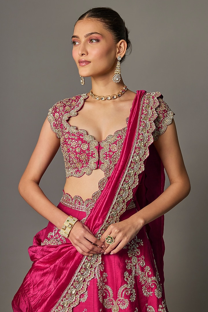 Rani Pink Raw Silk Zardosi Embroidered Bridal Lehenga Set by Jayanti Reddy at Pernia's Pop Up Shop