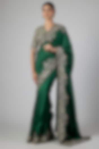 Emerald Green Silk Zardosi Embroidered Bridal Saree Set by Jayanti Reddy at Pernia's Pop Up Shop