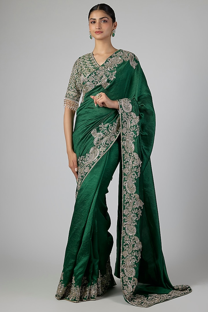 Emerald Green Silk Zardosi Embroidered Bridal Saree Set by Jayanti Reddy at Pernia's Pop Up Shop