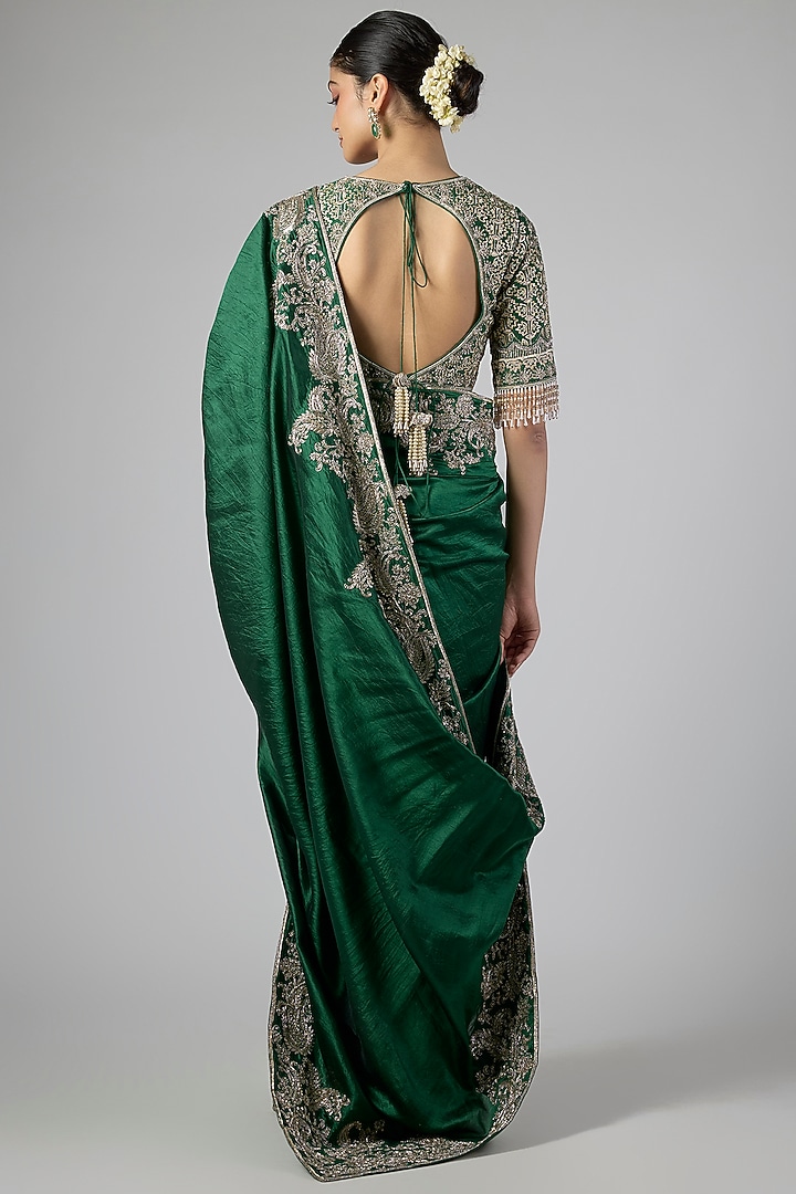 Emerald Green Silk Zardosi Embroidered Bridal Saree Set by Jayanti Reddy at Pernia's Pop Up Shop