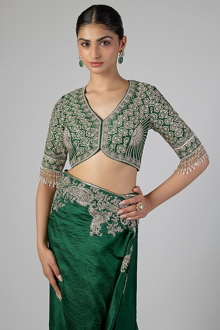 Emerald Green Silk Zardosi Embroidered Bridal Saree Set by Jayanti Reddy at Pernia's Pop Up Shop