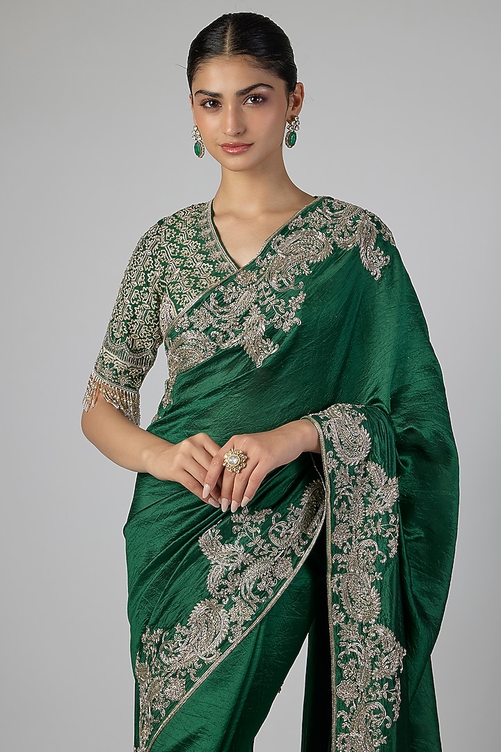 Emerald Green Silk Zardosi Embroidered Bridal Saree Set by Jayanti Reddy at Pernia's Pop Up Shop