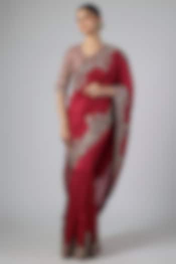 Red Silk Zardosi Embroidered Bridal Saree Set by Jayanti Reddy at Pernia's Pop Up Shop
