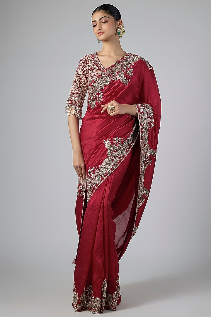 Red Silk Zardosi Embroidered Bridal Saree Set by Jayanti Reddy at Pernia's Pop Up Shop