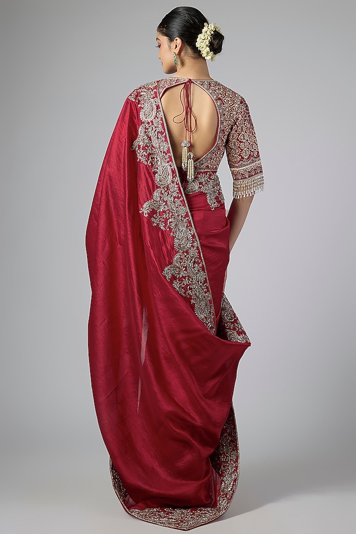 Red Silk Zardosi Embroidered Bridal Saree Set by Jayanti Reddy at Pernia's Pop Up Shop
