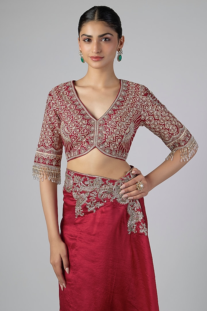 Red Silk Zardosi Embroidered Bridal Saree Set by Jayanti Reddy at Pernia's Pop Up Shop