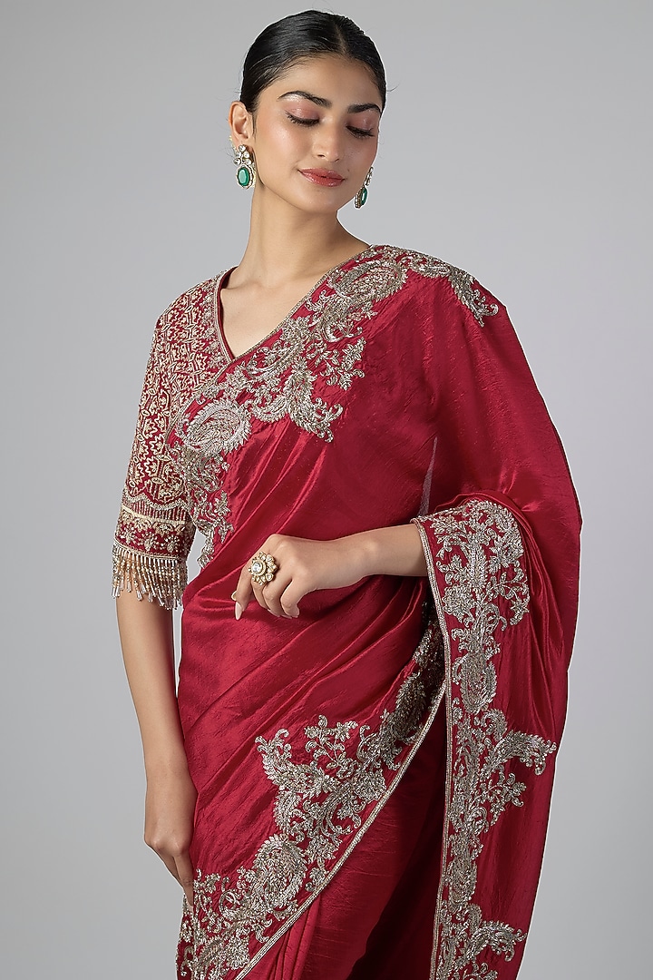 Red Silk Zardosi Embroidered Bridal Saree Set by Jayanti Reddy at Pernia's Pop Up Shop