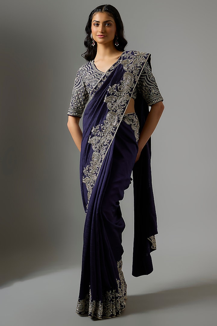 Purple Silk Zardosi Embroidered Bridal Saree Set by Jayanti Reddy at Pernia's Pop Up Shop